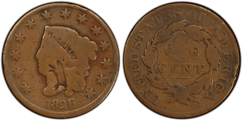1826 Matron Head Coronet Head Cent - Brunk P-606 Pork