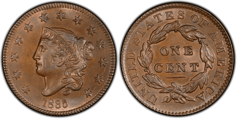 1835 Matron Head Coronet Head Cent Base