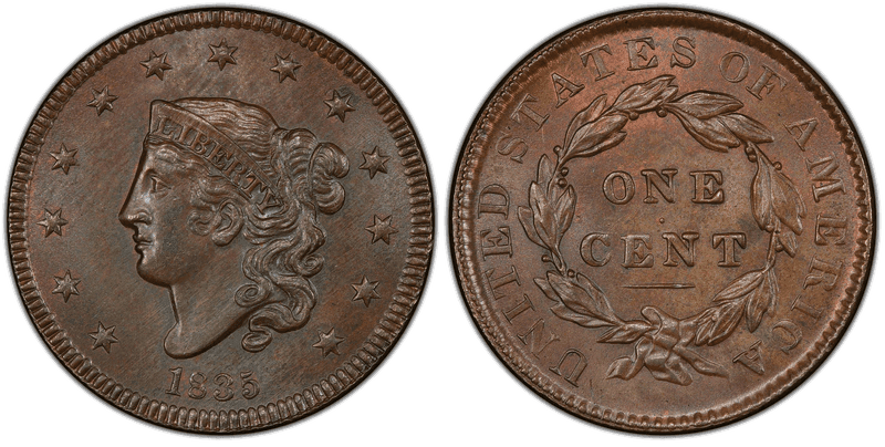 1835 Matron Head Coronet Head Cent - Small 8, Stars