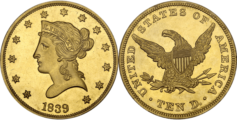 1839 Proof Liberty Head Eagle - 1839/8, Type of 1838