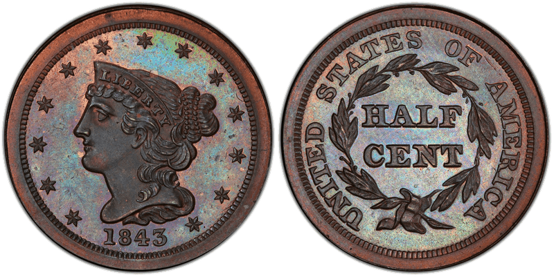 1843 Proof Braided Hair Half Cent - Restrike