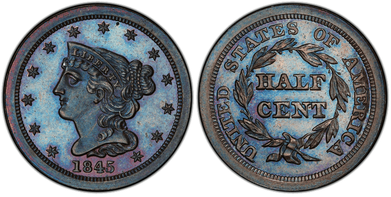 1845 Proof Braided Hair Half Cent - Restrike