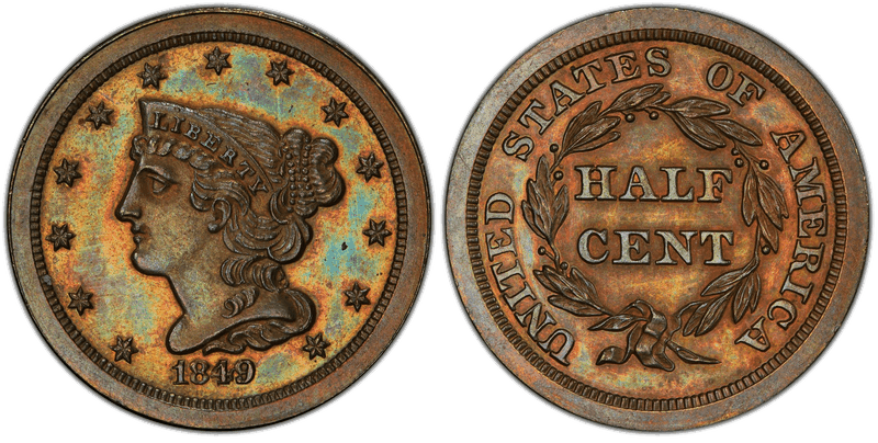 1849 Proof Braided Hair Half Cent - Small Date, Original