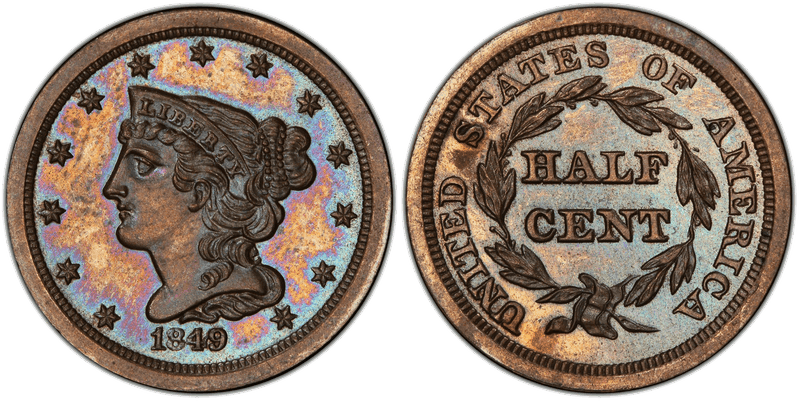 1849 Proof Braided Hair Half Cent - Small Date, Restrike