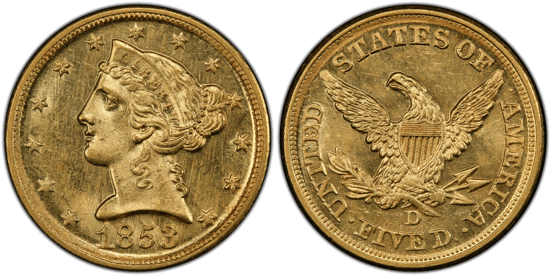 1853 (D) Liberty Head Half Eagle - Large D
