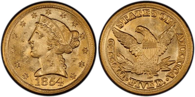 1854 (D) Liberty Head Half Eagle - Large D