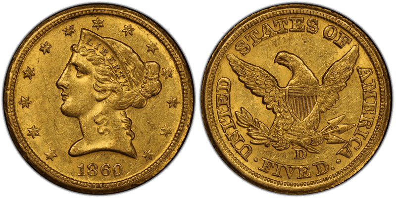 1860 (D) Liberty Head Half Eagle - Large D
