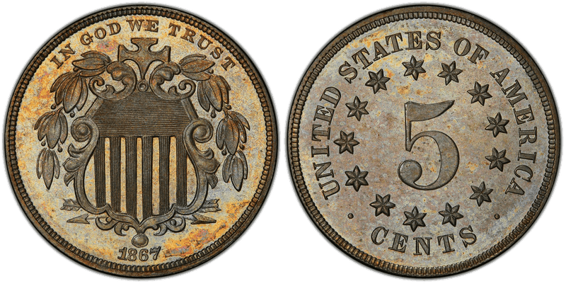 1867 Proof Shield Nickel - No Rays, Pattern Rev