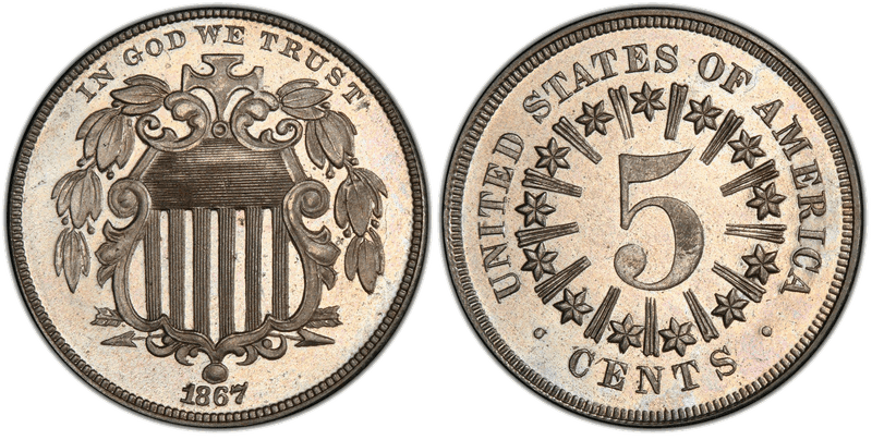 1867 Proof Shield Nickel - Rays