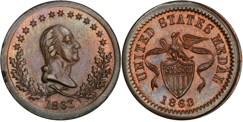 (1863) Copper Civil War Patriotic Token F-119/199a, Washington-Shield & Ribbon