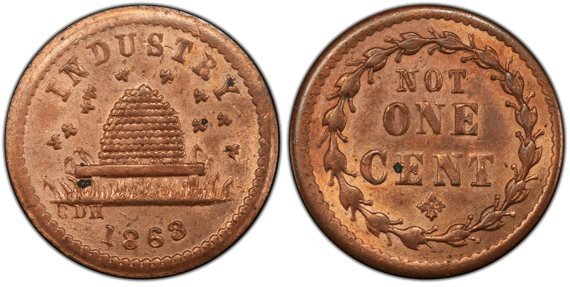 (1863) Copper Civil War Patriotic Token F-188/384a, Industry-Not One Cent