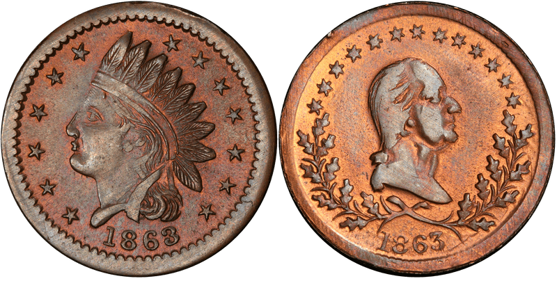 (1863) Copper Civil War Patriotic Token F-92/119a, Indian-Washington