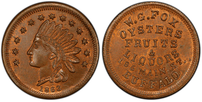 (1863) Copper Civil War Store Card F-105H-1a, W.G. Fox NY