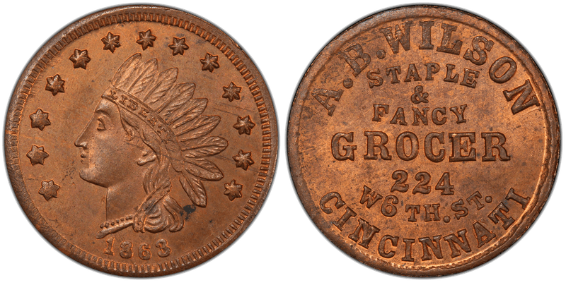 (1863) Copper Civil War Store Card F-165GL-12a, A.B. Wilson OH