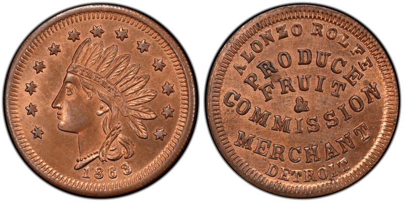 (1863) Copper Civil War Store Card F-225BK-2a, Alonzo Rolfe MI