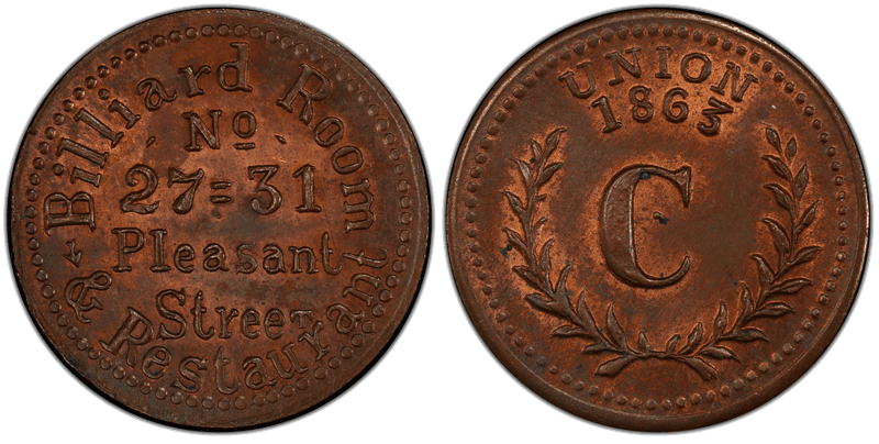 (1863) Copper Civil War Store Card F-260A-2a, Billiard Room & Restaurant MA