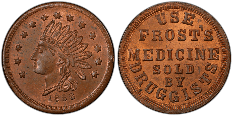 (1863) Copper Civil War Store Card F-460Ba-1a, Frost's Medicine IN