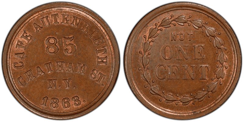 (1863) Copper Civil War Store Card F-630B-4a, Cafe Autenrieth NY