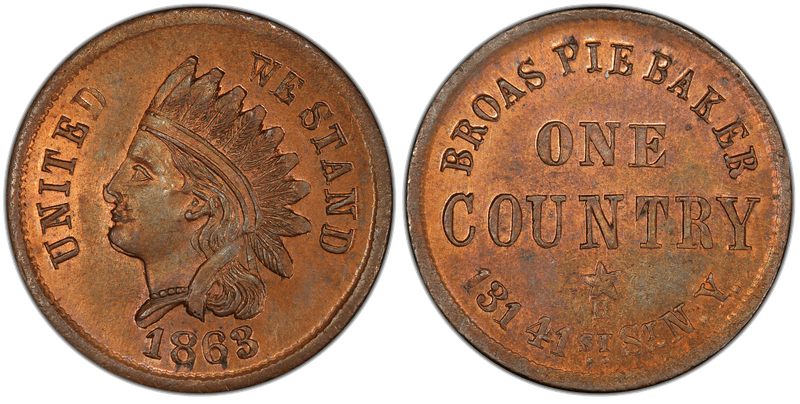 (1863) Copper Civil War Store Card F-630L-19a, Broas Pie Baker NY