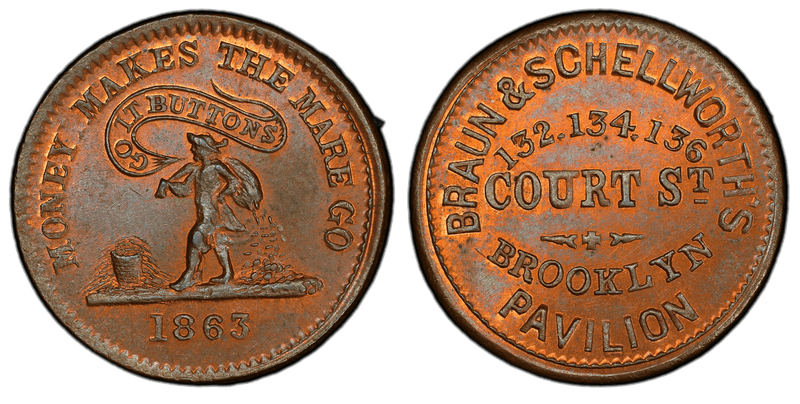 (1863) Copper Civil War Store Card F-95A-1a, Braun & Schellworth's NY