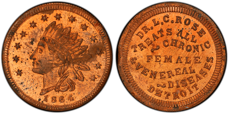 (1864) Copper Civil War Store Card F-225BL-4a, Dr. L.C. Rose MI