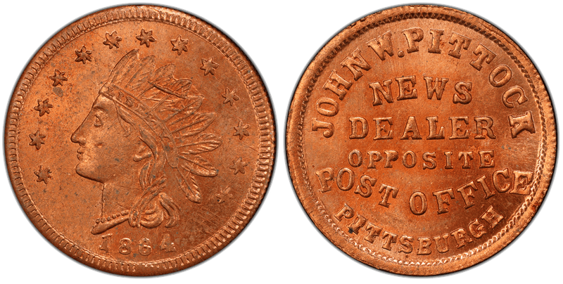 (1864) Copper Civil War Store Card F-765P-31a, John W. Pittock PA