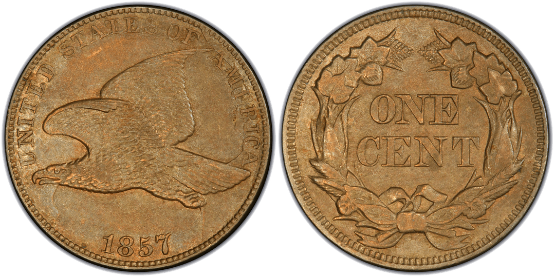 1857 Flying Eagle Cent Mule Die Clash with $20 Piece FS-403