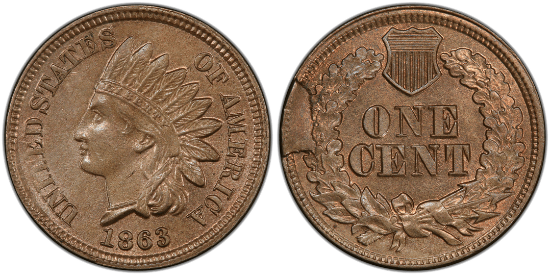 1863 Indian Head Cent Reverse Cud (9 to 10 o'clock)