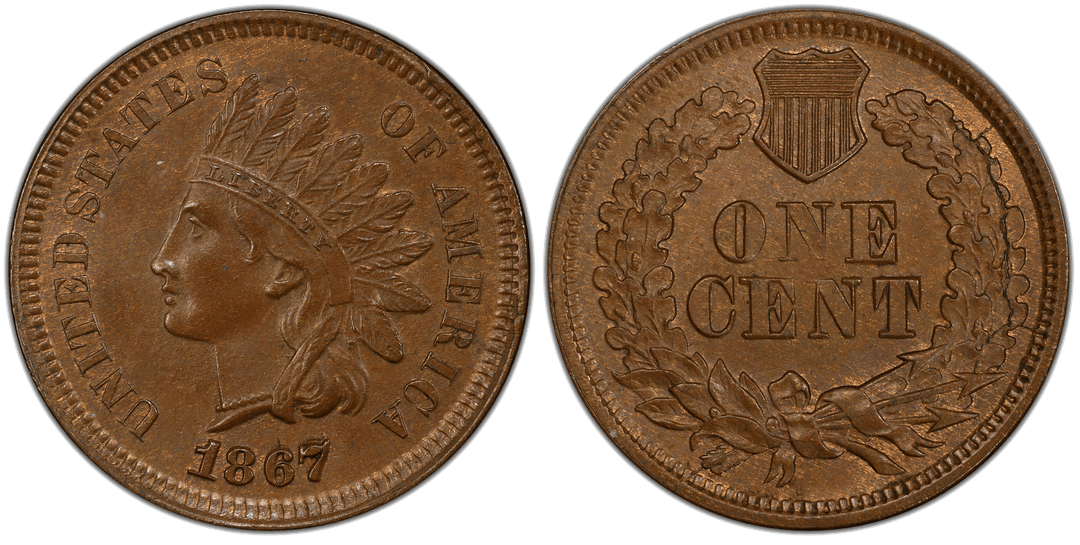 1867/67 Indian Head Cent Pre-Cud Reverse (2 to 4 o'clock)