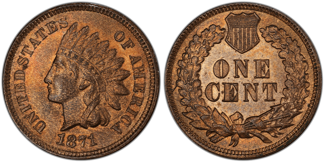 1871 Indian Head Cent Pre-Cud Reverse (8:30 to 11:00)