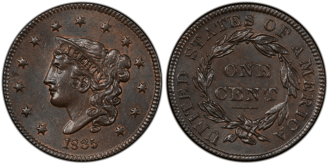1835 Matron Head Large Cent (Head of 1836) N-8 Obverse Spiked Head