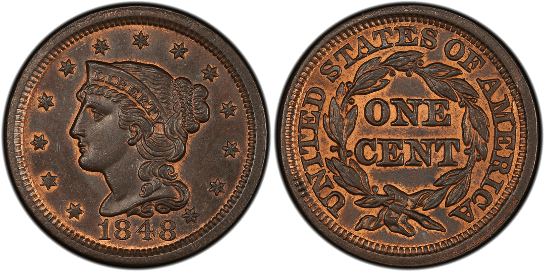 1848 Braided Hair Large Cent Newcomb-6 Reverse Pre-Cud
