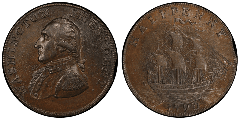 1793 1793/2 Ship 1/2P Washington President Plain Edge Half Penny