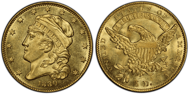 1830 Capped Head to Left Half Eagle - Small 5D
