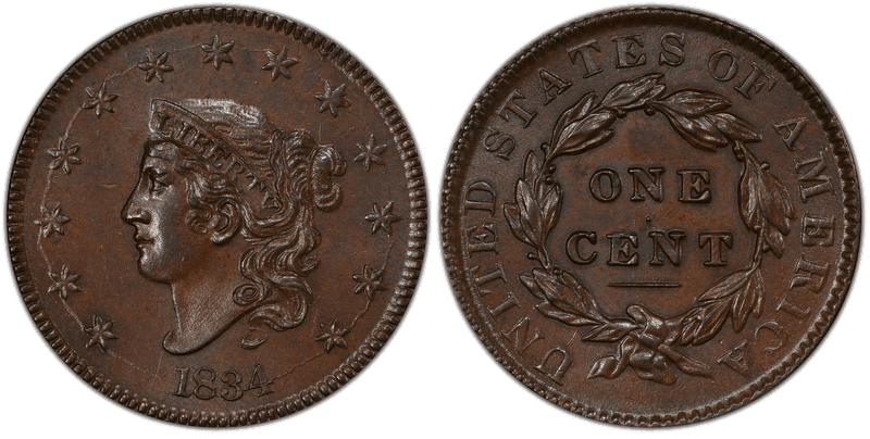 1834 Matron Head Coronet Head Cent - Lg 8, Lg Stars, Med Lt