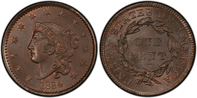 1834 Matron Head Coronet Head Cent - Lg 8, Sm Stars, Med Let