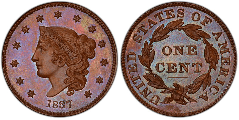 1837 Proof Modified Matron Head Coronet Head Cent