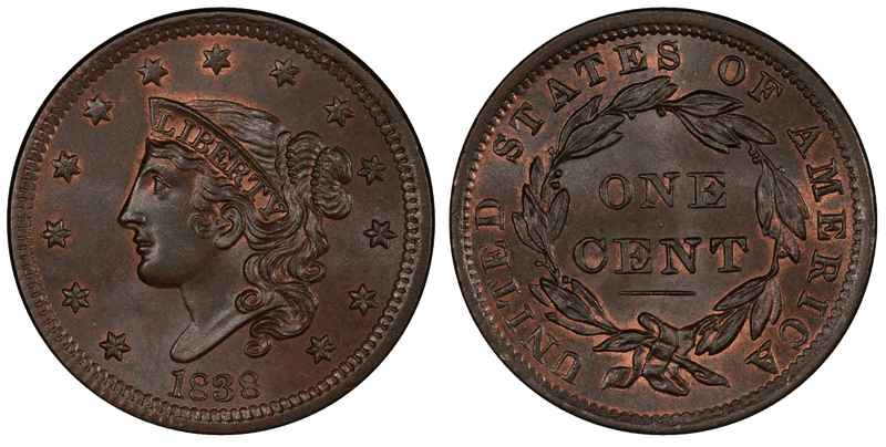 1838 Modified Matron Head Coronet Head Cent Base