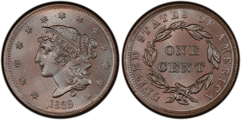 1839 Modified Matron Head Coronet Head Cent - Booby Head