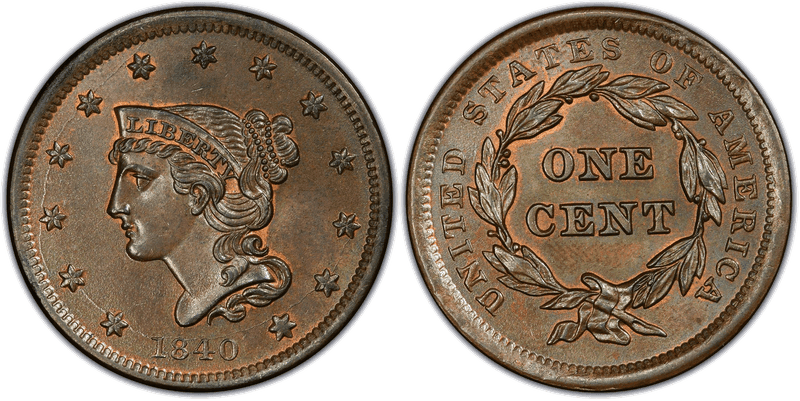 1840 Braided Hair Coronet Head Cent - Small Date