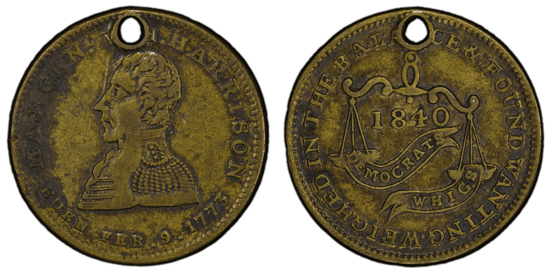 1840 Token WHH 1840-46 Brass, Pierced Maj. Gen. W.H. Harrison Campaign