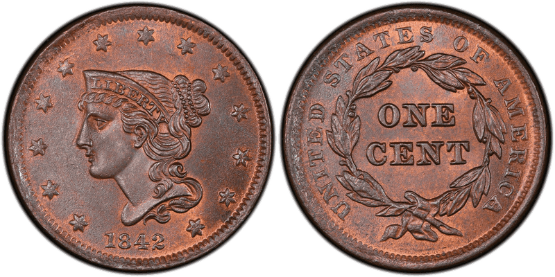 1842 Braided Hair Coronet Head Cent - Small Date