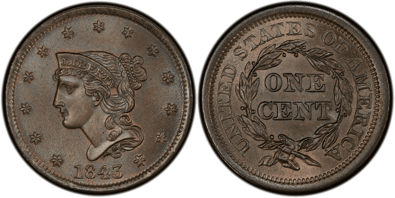 1843 Braided Hair Coronet Head Cent - Petite Head, Lg Letters