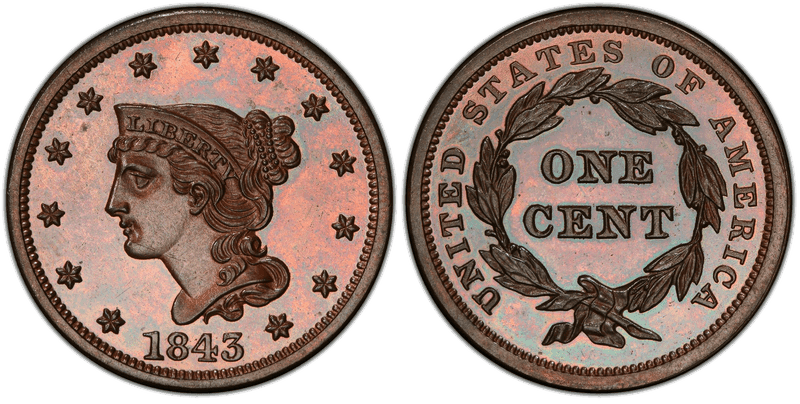 1843 Braided Hair Coronet Head Cent - Proof Petite Head, Sm Letters