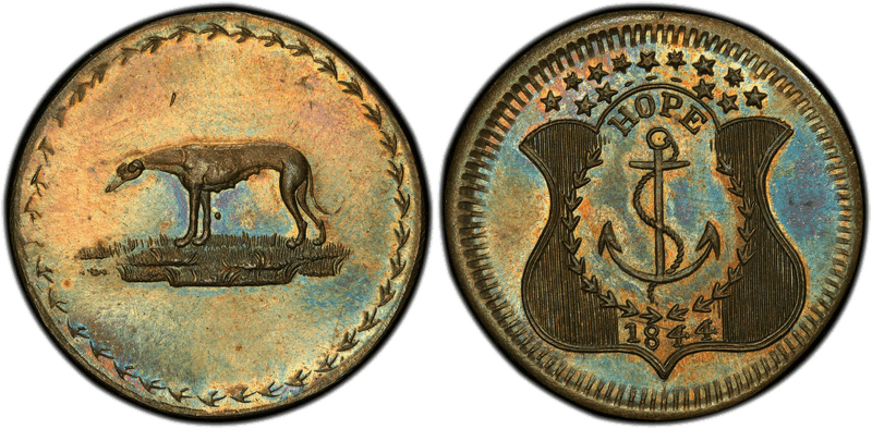 (1844) Brass Civil War Patriotic Token F-481/488b, Hope/Wolfhound