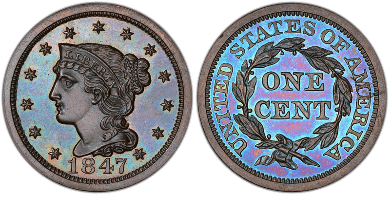 1847 Proof Braided Hair Coronet Head Cent