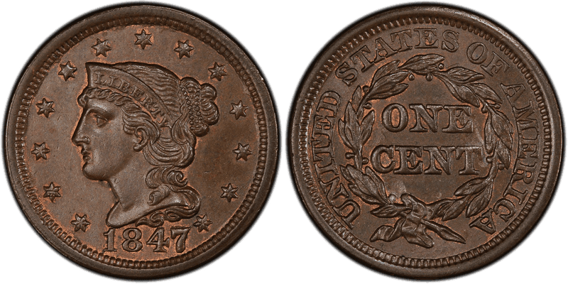1847 Braided Hair Coronet Head Cent Base