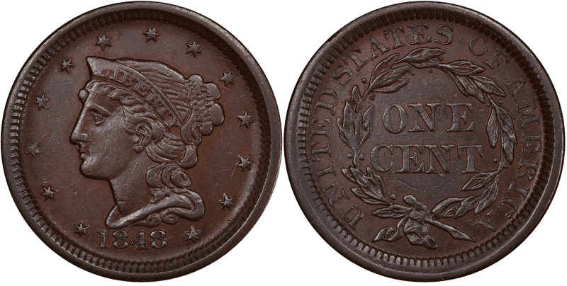 1848 Braided Hair Coronet Head Cent - Sm Dt Breen-1901 Fantasy