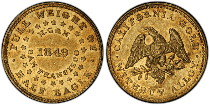 1849 Norris, Reeded Edge Gold Half Eagle