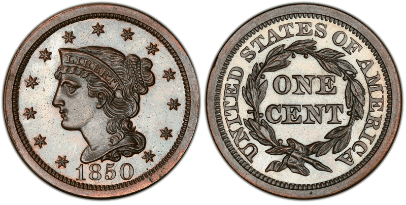 1850 Braided Hair Coronet Head Cent Base